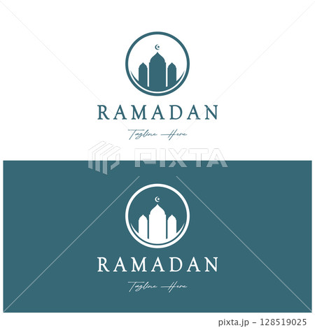 Ramadan Mubarak logo with lantern elements, crescent moon and star mosque building, Islamic calligraphy pattern, for business, architecture, Muslims, Eid, Eid cards, Islamic education 128519025