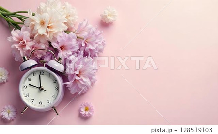 A pink alarm clock and purple flowers on a pink background, celebrating the arrival of spring with vibrant colors 128519103