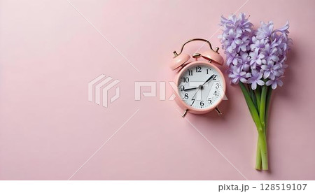 A pink alarm clock beside vibrant purple flowers on a soft pink background, capturing the essence of springtime 128519107