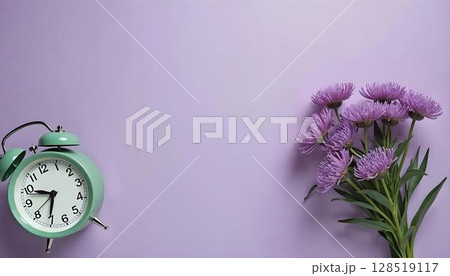 An alarm clock nestled among purple flowers, set against a purple background, reflecting the spirit of spring 128519117