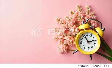 A yellow alarm clock surrounded by pink flowers on a vibrant pink background, capturing the essence of springtime 128519134