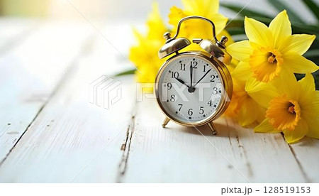 Springtime scene featuring an alarm clock surrounded by vibrant yellow daffodils against a bright background 128519153