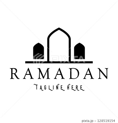 Ramadan Mubarak logo with lantern elements, crescent moon and star mosque building, Islamic calligraphy pattern, for business, architecture, Muslims, Eid, Eid cards, Islamic education 128519154