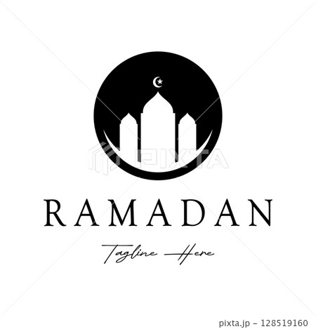 Ramadan Mubarak logo with lantern elements, crescent moon and star mosque building, Islamic calligraphy pattern, for business, architecture, Muslims, Eid, Eid cards, Islamic education 128519160