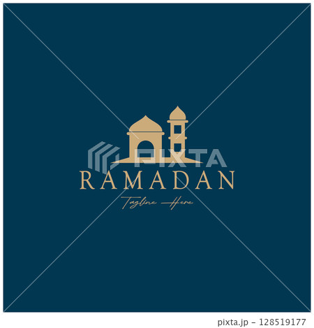 Ramadan Mubarak logo with lantern elements, crescent moon and star mosque building, Islamic calligraphy pattern, for business, architecture, Muslims, Eid, Eid cards, Islamic education 128519177