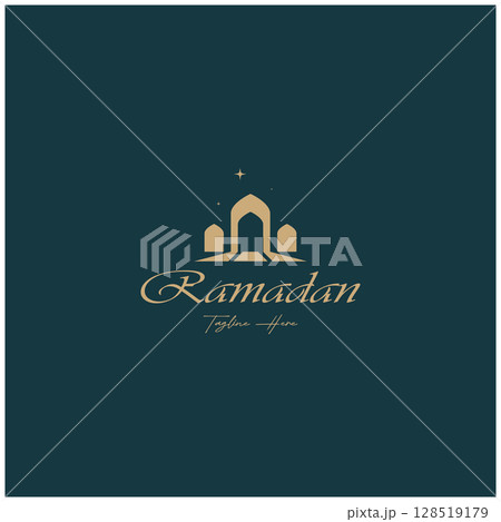 Ramadan Mubarak logo with lantern elements, crescent moon and star mosque building, Islamic calligraphy pattern, for business, architecture, Muslims, Eid, Eid cards, Islamic education 128519179