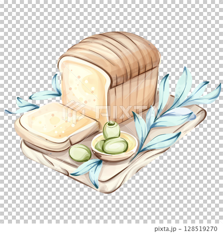 A delightful assortment of olives and bread in a watercolor style inspired by Italian cuisine A delightful assortment of olives and bread in a watercolor style inspired by Italian cuisine 128519270