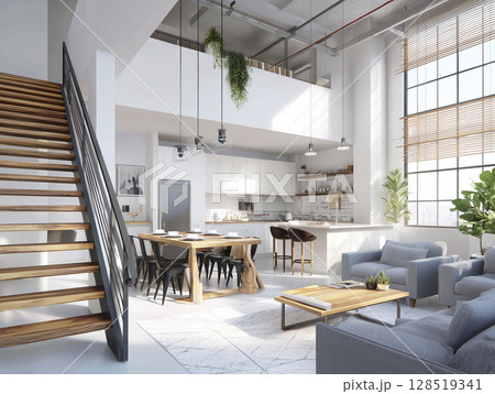 AI生成画像 モダンなロフトスタイルの新築住宅のリビングルーム AI生成画像 モダンなロフトスタイルの新築住宅のリビングルーム 128519341