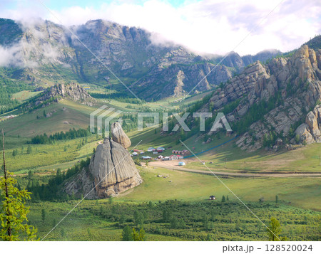 モンゴル・テレルジの草原と亀岩 128520024