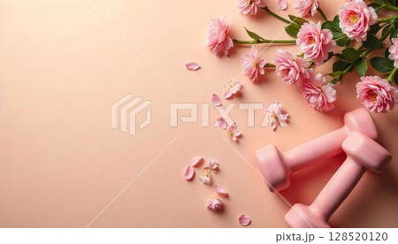 A pink towel and two dumbbells surrounded by flowers, symbolizing spring fitness and outdoor workout activities 128520120