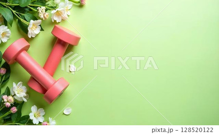 Pink dumbbells and vibrant flowers on a green background, symbolizing spring fitness and outdoor workout activities 128520122
