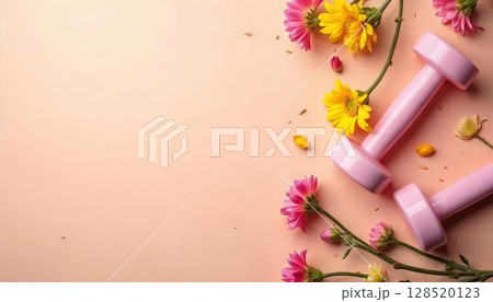 Pink dumbbells and vibrant flowers on a soft pink background, symbolizing spring fitness and outdoor activities 128520123