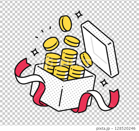 一個打開的禮物盒和一堆硬幣的簡單向量圖示插圖 128520246