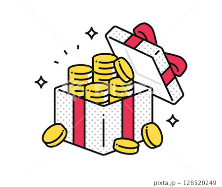 蓋が開いたプレゼントボックスとコインのシンプルなベクターアイコンイラスト 蓋が開いたプレゼントボックスとコインのシンプルなベクターアイコンイラスト 128520249
