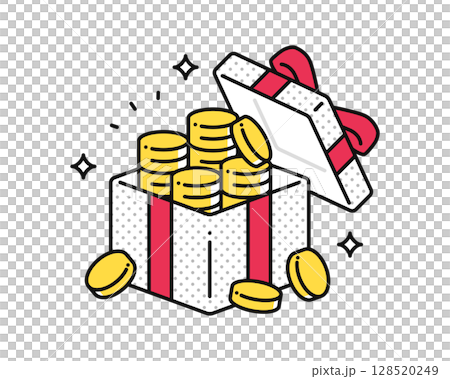 蓋が開いたプレゼントボックスとコインのシンプルなベクターアイコンイラスト 蓋が開いたプレゼントボックスとコインのシンプルなベクターアイコンイラスト 128520249