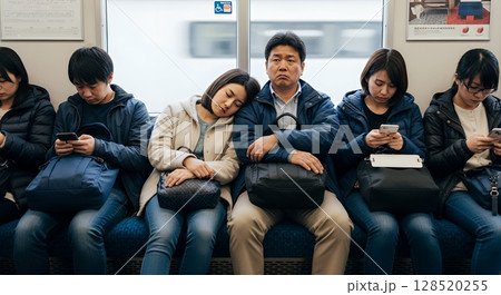 電車で隣の男性に寄りかかって寝ている女性と、気まずそうな男性 電車で隣の男性に寄りかかって寝ている女性と、気まずそうな男性 128520255