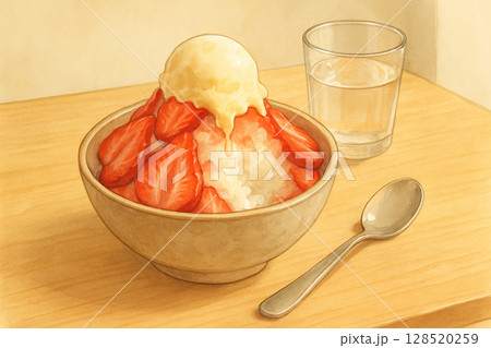 Strawberry Bingsu Served In A Cafe Setting With Water And Spoon 128520259
