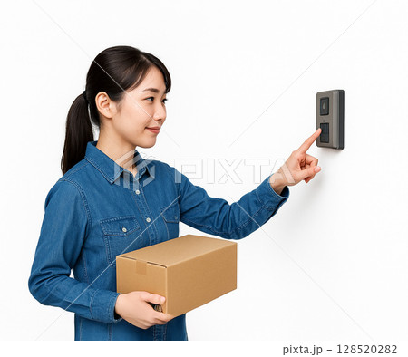 女性配送スタッフが荷物を届ける場面 128520282