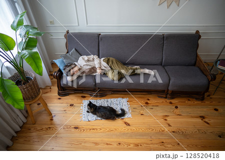 Weary woman barely moving in drowsy state, deep apathy and emotional collapse with cat nearby Weary woman barely moving in drowsy state, deep apathy and emotional collapse with cat nearby 128520418