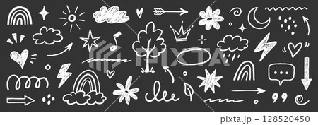 Hand drawn crayon chalk icon set. Cute flower, heart, cloud, star, crown and rainbow in colorful kid scribble style. Tree, house, smile, sun school sketch nature children design. Vector 128520450