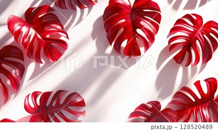 Red leaves monstera on the edge decoration with natural shadow form sun light and white background 128520489