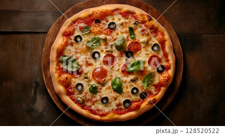 Cheese pizza snack traditional meal crust meat recipe copy space 128520522