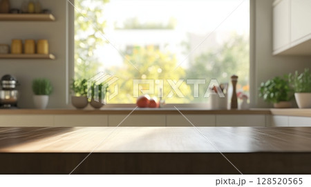 Brown wooden table and blue blurred window background on kitchen room with shadow sun bright 128520565