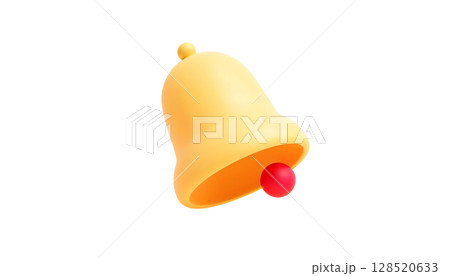 A 3D yellow notification bell resting on a transparent background, illustrating a tech concept related to alerts 128520633
