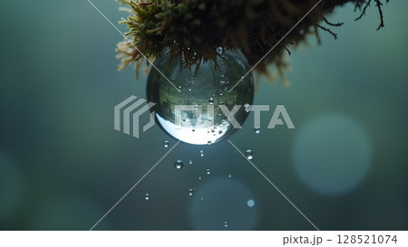 Capturing the essence of nature with a crystal ball reflecting tranquil forest scene under the delicate mossy branch surrounded by cascading droplets 128521074