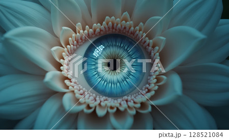 Surreal fusion showcasing a captivating blue eye at the heart of a delicate white flower blending nature's beauty with human presence captivating visual metaphor Surreal fusion showcasing a captivating blue eye at the heart of a delicate white flower blending nature's beauty with human presence captivating visual metaphor 128521084