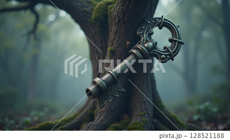 An enchanting weathered key leaning against the ancient tree in the heart of the mystical woodland evokes a sense of forgotten magic An enchanting weathered key leaning against the ancient tree in the heart of the mystical woodland evokes a sense of forgotten magic 128521188
