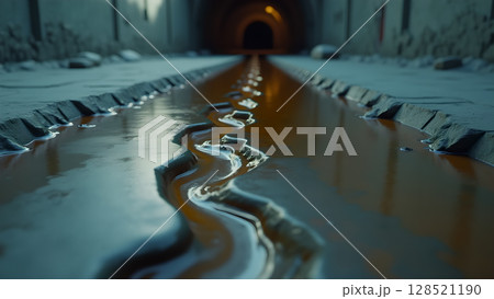 Intriguing water flowing through a stone channel reflecting light from an open tunnel perspective creating a strong sense of depth and symmetrical visual impact evoking mystery 128521190