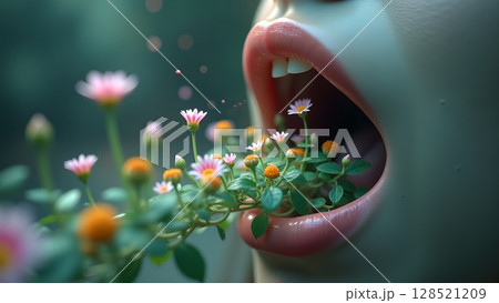 Surreal composition featuring flowers growing within an open mouth conveying themes of nature beauty and the intimate connection between humans and the natural world Surreal composition featuring flowers growing within an open mouth conveying themes of nature beauty and the intimate connection between humans and the natural world 128521209