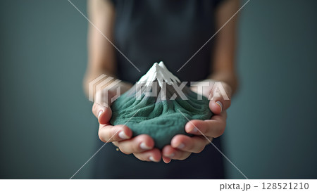 Carefully held mountain replica in hands showcases the beauty of nature's majestic formations and the intimate connection between humans and the environment Carefully held mountain replica in hands showcases the beauty of nature's majestic formations and the intimate connection between humans and the environment 128521210