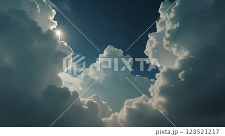 Radiant Sunlight Bursting Through Fluffy Clouds, Creating a Majestic and Serene Sky View with Dramatic Light and Shadow Displaying the Beauty of Nature's Canvas Radiant Sunlight Bursting Through Fluffy Clouds, Creating a Majestic and Serene Sky View with Dramatic Light and Shadow Displaying the Beauty of Nature's Canvas 128521217