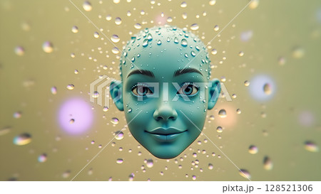 A serene blue face emerges from a shimmering veil of water droplets creating a captivating visual that blends art and abstract concept 128521306