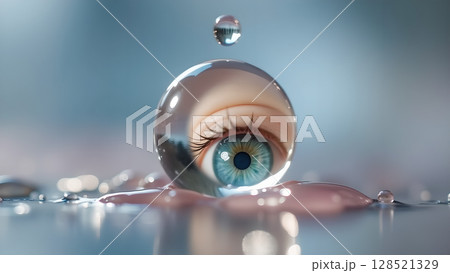 Captivating eye reflection encased in water droplet exhibiting clarity vision and surrealism blending reality with fantasy showcasing the beauty and intrigue of human sight 128521329