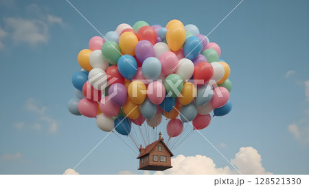 Whimsical journey: a charming miniature house soars through the sky carried by a vibrant cluster of colorful balloons under a serene blue sky Whimsical journey: a charming miniature house soars through the sky carried by a vibrant cluster of colorful balloons under a serene blue sky 128521330