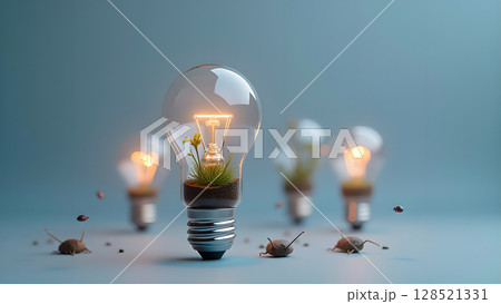 Illuminating sustainability concept light bulbs displaying plants growing inside symbolizing eco friendly energy alternative and nature conservation with creative idea of renewable power Illuminating sustainability concept light bulbs displaying plants growing inside symbolizing eco friendly energy alternative and nature conservation with creative idea of renewable power 128521331