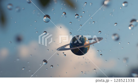 Conceptual image showcasing earth depicted as a planet resembling saturn surrounded by water droplets in an abstract and surreal cosmic scene Conceptual image showcasing earth depicted as a planet resembling saturn surrounded by water droplets in an abstract and surreal cosmic scene 128521338