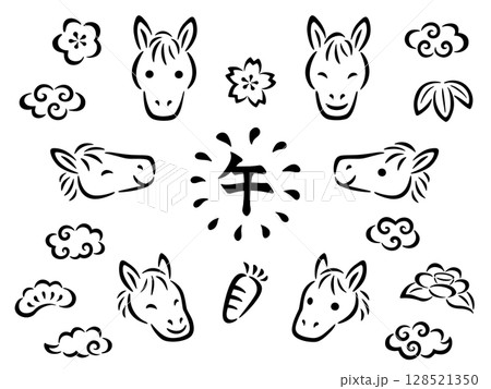 手描き風の馬の顔と和風の線画アイコンセット 128521350