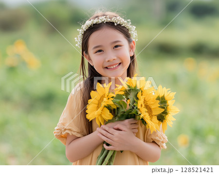 子どもの笑顔とひまわりが輝く夏の一枚 128521421