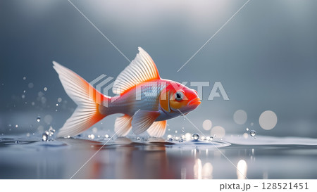 Captivating Goldfish Portrait: Graceful Aquatic Beauty with Splashing Water Droplets and Blurred Background Showcasing Vibrant Colors and Delicate Fins Perfect for Art Captivating Goldfish Portrait: Graceful Aquatic Beauty with Splashing Water Droplets and Blurred Background Showcasing Vibrant Colors and Delicate Fins Perfect for Art 128521451