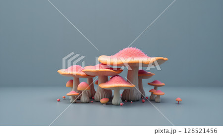 A Whimsical Collection of Pink and Orange Mushrooms Displayed Against a Smooth Gray Backdrop in a 3D Rendered Style Image 128521456