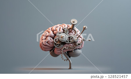 Conceptual image of a human brain intertwined with intricate mechanical gears and metallic components showcasing the intersection of biology and technology within the realm of intelligence 128521457