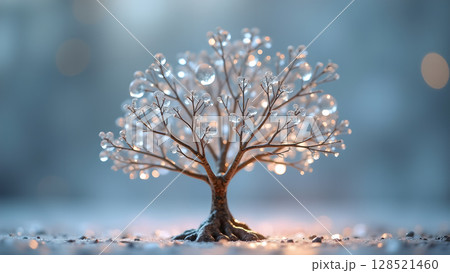 A captivating winter scene: A small tree adorned with glistening ice droplets stands against a soft blue background offering tranquility and the serene beauty of nature A captivating winter scene: A small tree adorned with glistening ice droplets stands against a soft blue background offering tranquility and the serene beauty of nature 128521460