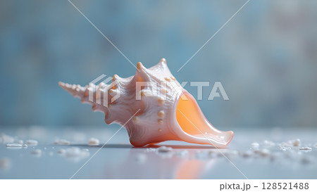 Elegant seashell composition featuring a pink conch shell surrounded by tiny white fragments on a soft blue textured background creating serene summer vibe Elegant seashell composition featuring a pink conch shell surrounded by tiny white fragments on a soft blue textured background creating serene summer vibe 128521488