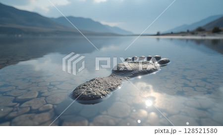 Ephemeral impressions: Footprint in crystal clear lake reflects a journey into tranquil nature surrounded by majestic mountains and gentle skies a symbol of fleeting moments Ephemeral impressions: Footprint in crystal clear lake reflects a journey into tranquil nature surrounded by majestic mountains and gentle skies a symbol of fleeting moments 128521580