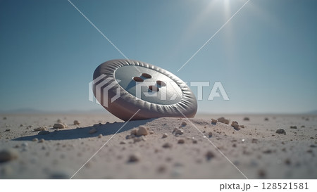 Solitary button on desolate landscape under a bright sun creating a surreal and dreamy atmosphere evoking feelings of isolation and the passage of time creating a surreal visual narrative Solitary button on desolate landscape under a bright sun creating a surreal and dreamy atmosphere evoking feelings of isolation and the passage of time creating a surreal visual narrative 128521581