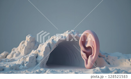 Surreal Listening Landscape: A Giant Ear Emerges from Abstract White Terrain with Serene Greyish Blue Background Displaying Artistic Conceptualization and Auditory Perception 128521583